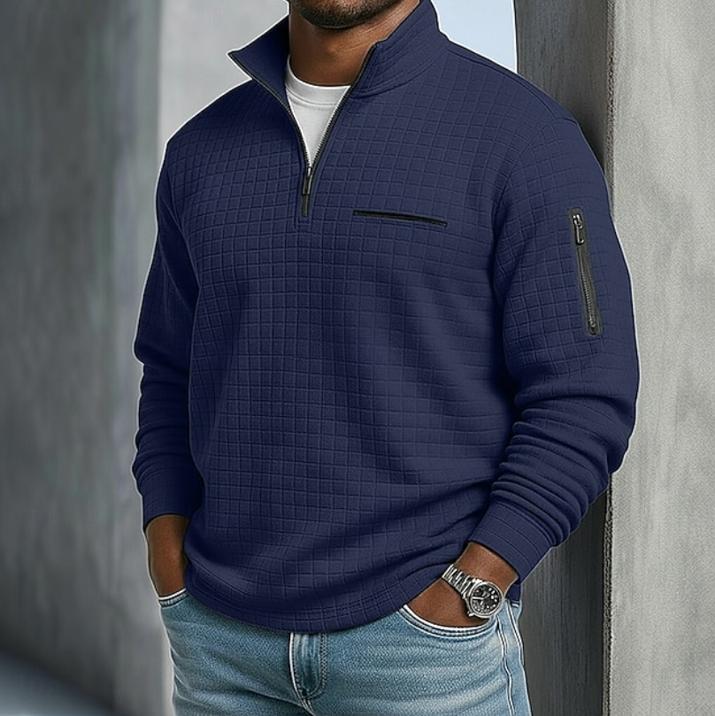 Men's Waffle Knit Half-Zip Sweater with Long Sleeves