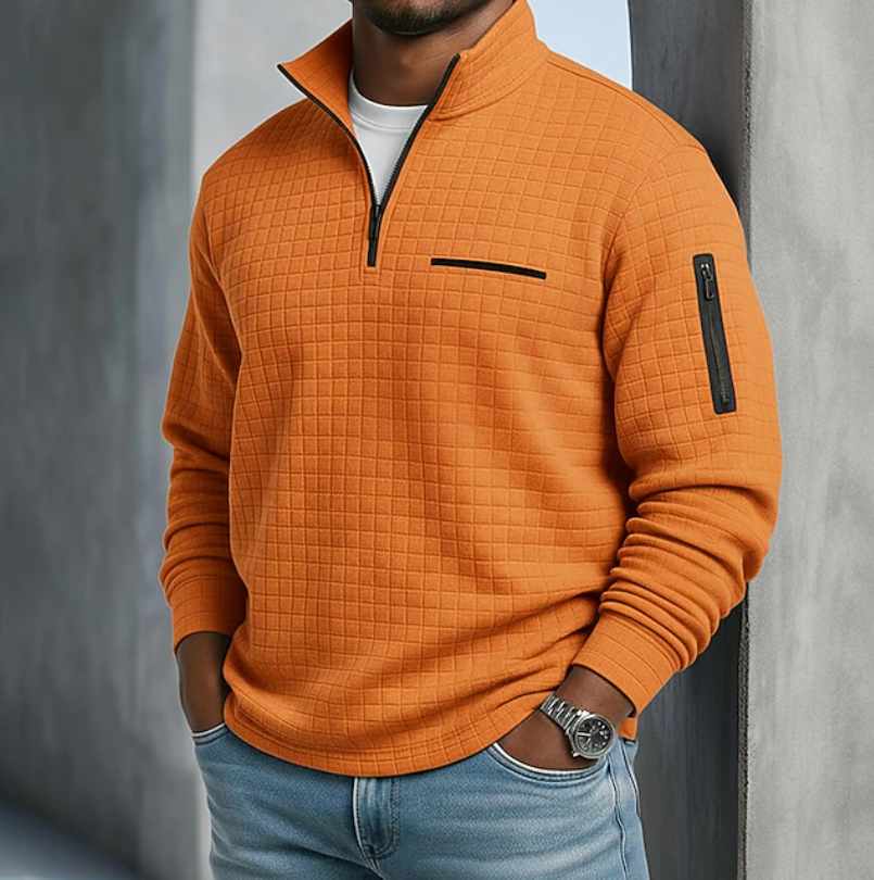Men's Waffle Knit Half-Zip Sweater with Long Sleeves