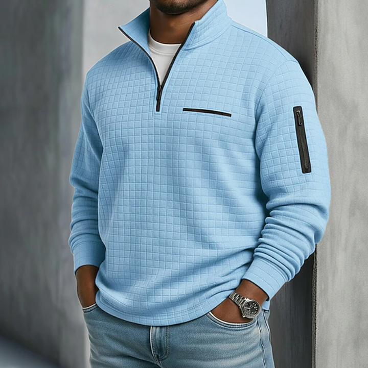 Men's Waffle Knit Half-Zip Sweater with Long Sleeves