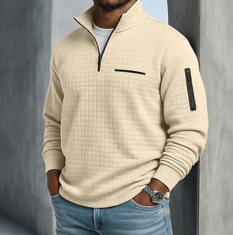 Men's Waffle Knit Half-Zip Sweater with Long Sleeves