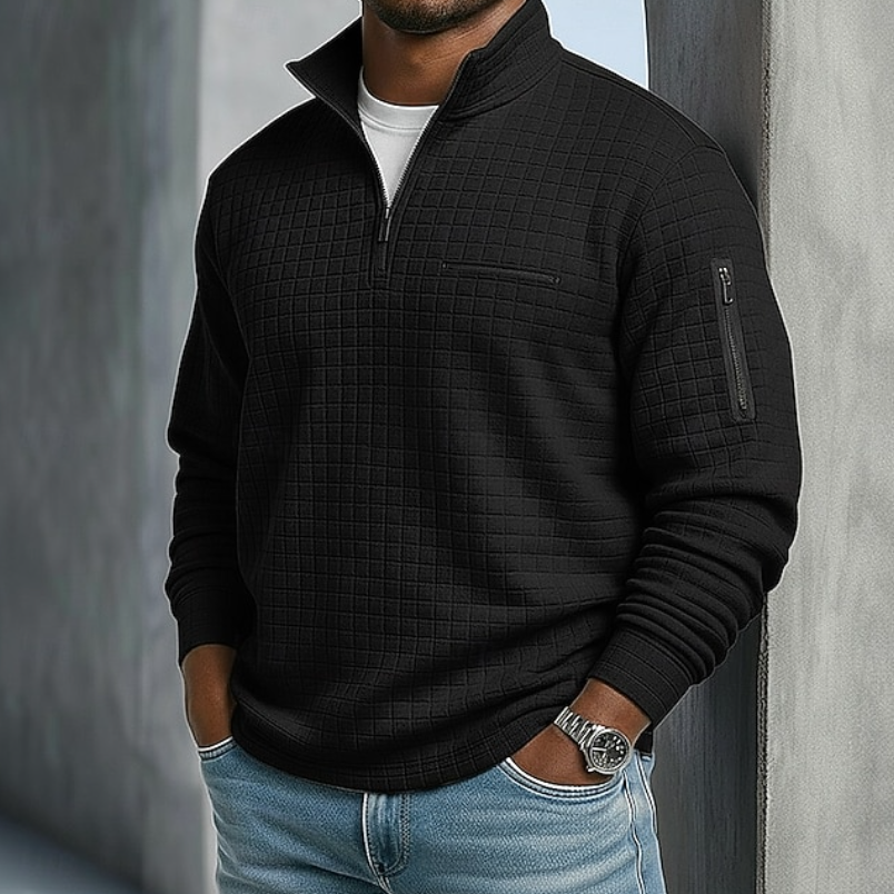 Men's Waffle Knit Half-Zip Sweater with Long Sleeves