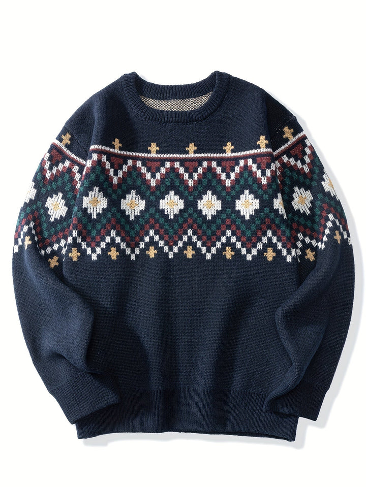 Men's round neck knit sweater with printed pattern