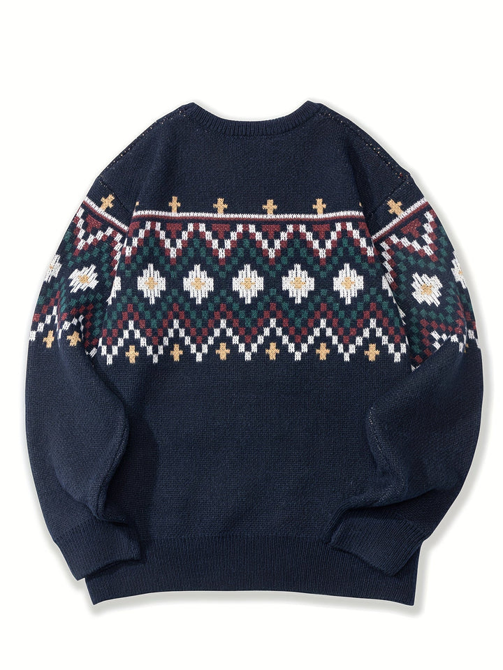 Men's round neck knit sweater with printed pattern