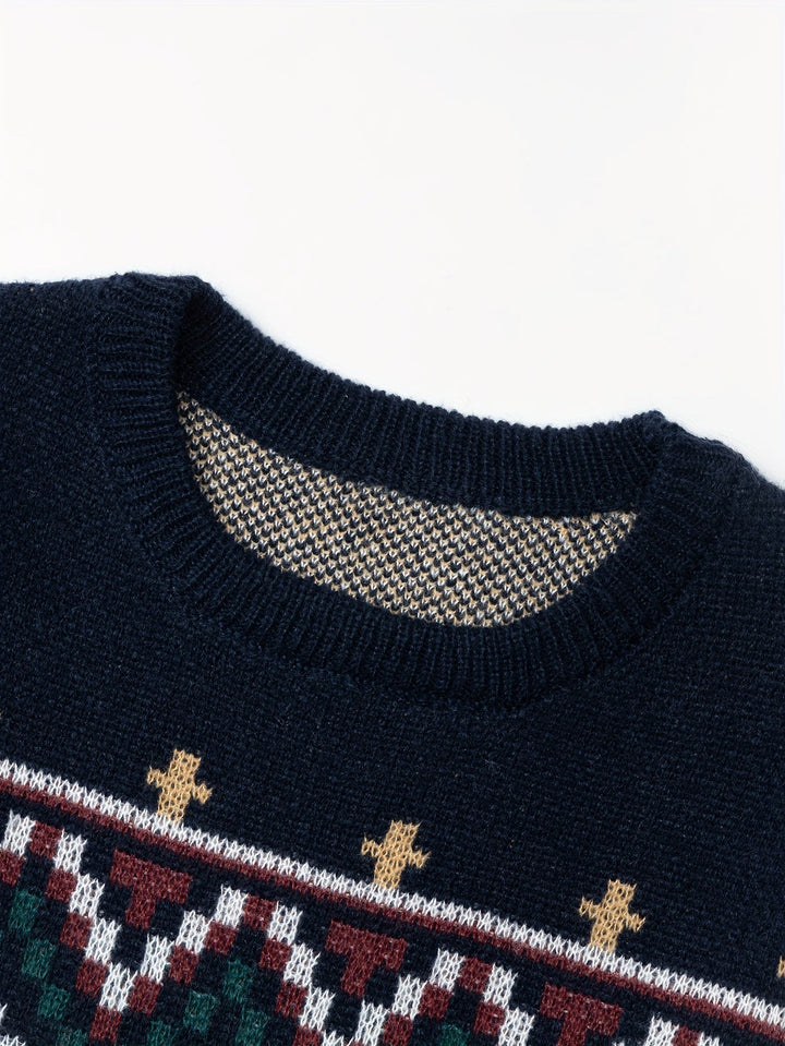 Men's round neck knit sweater with printed pattern