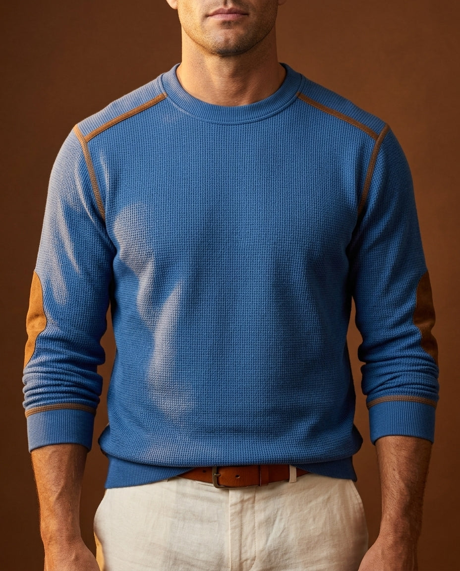 Men's Round Neck Sweater with Elbow Patches