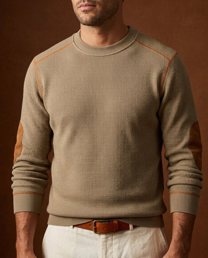 Men's Round Neck Sweater with Elbow Patches
