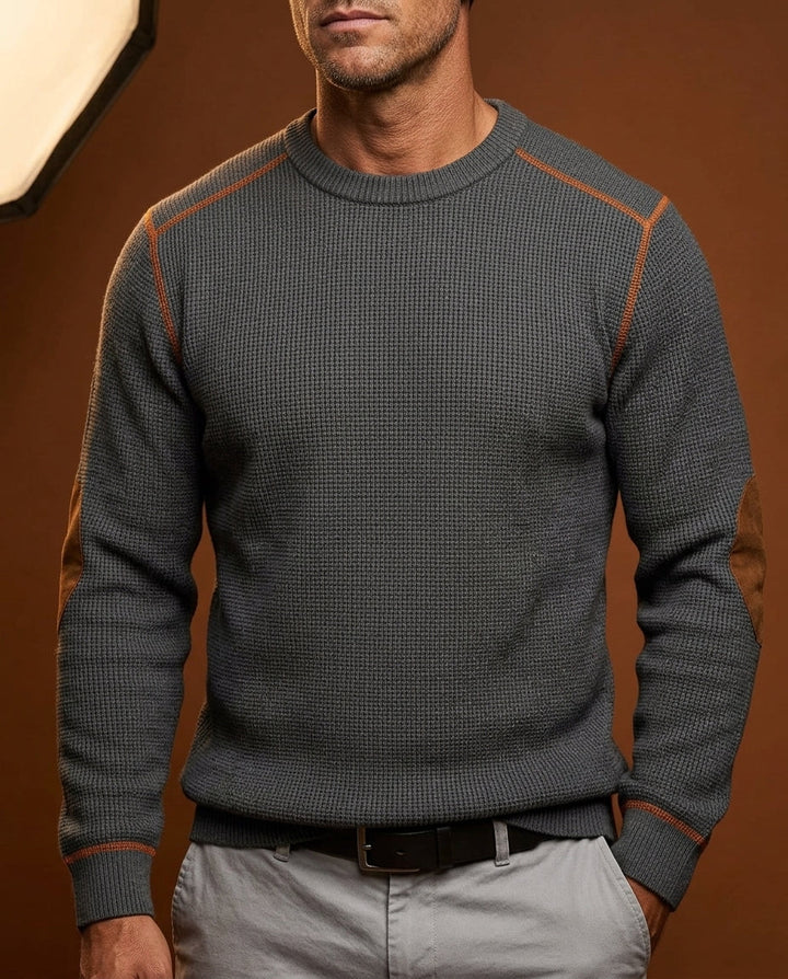 Men's Round Neck Sweater with Elbow Patches