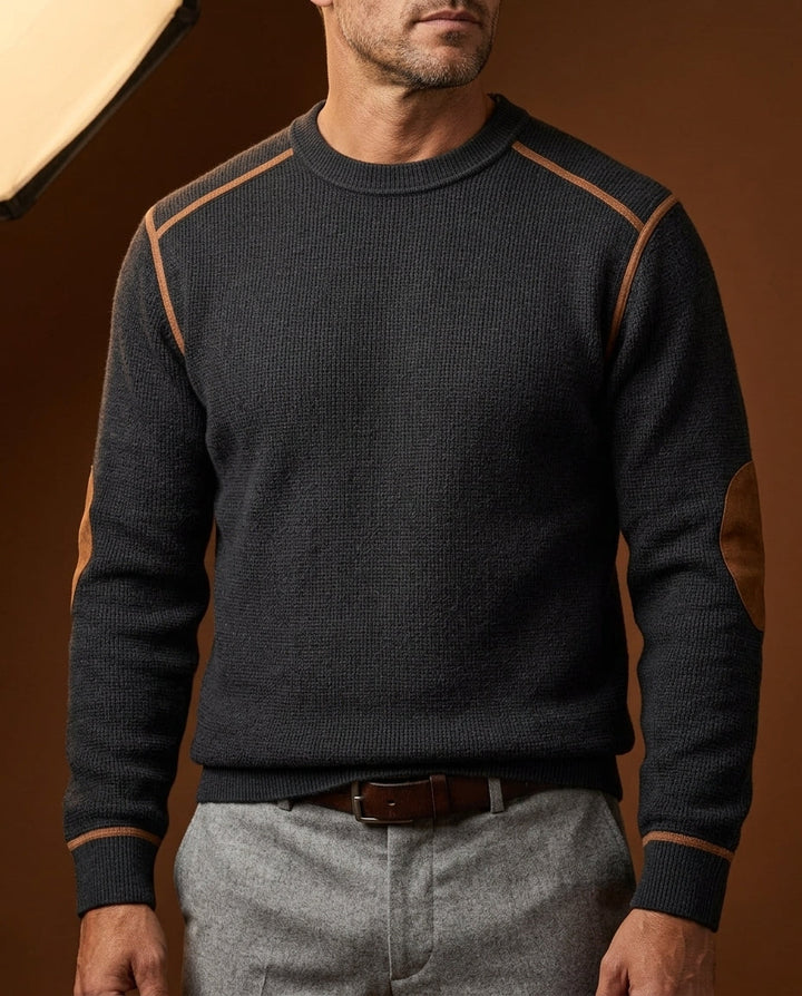 Men's Round Neck Sweater with Elbow Patches