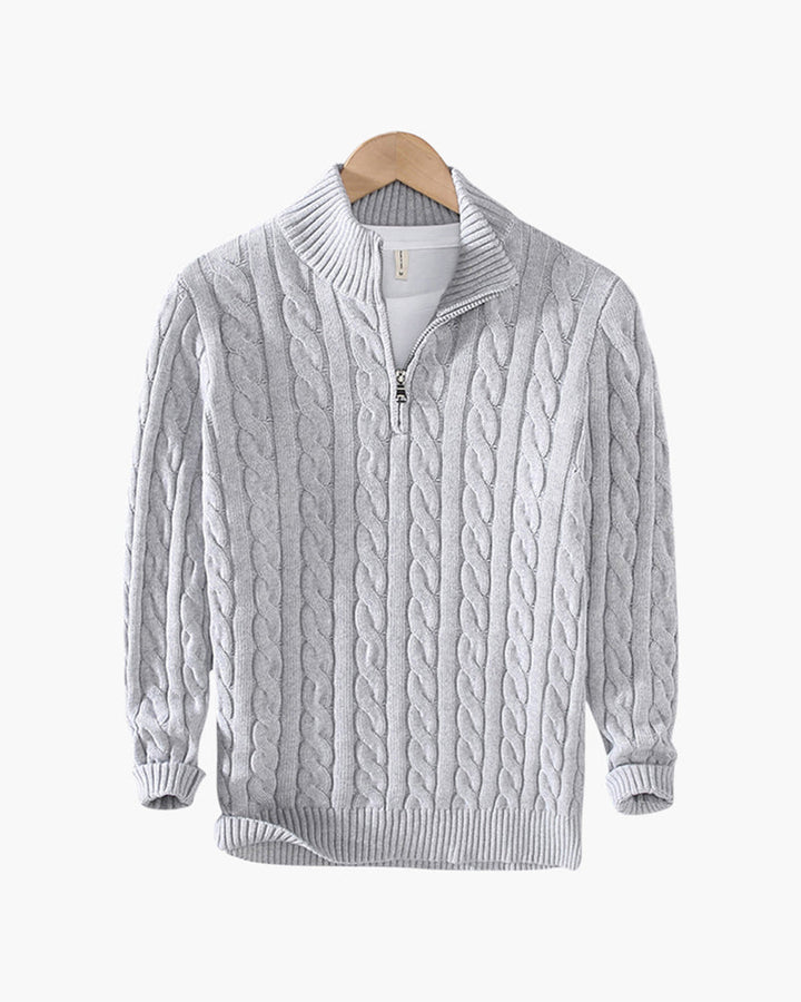 Men's Twisted Knit Sweater with High Collar and Half-Zip