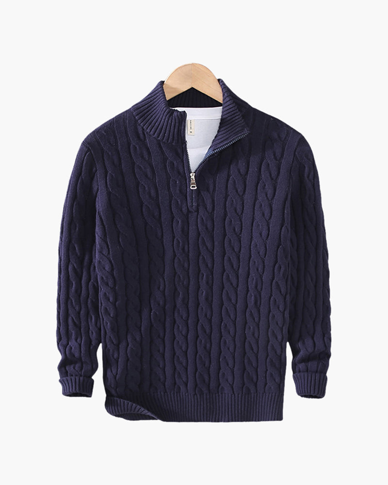 Men's Twisted Knit Sweater with High Collar and Half-Zip