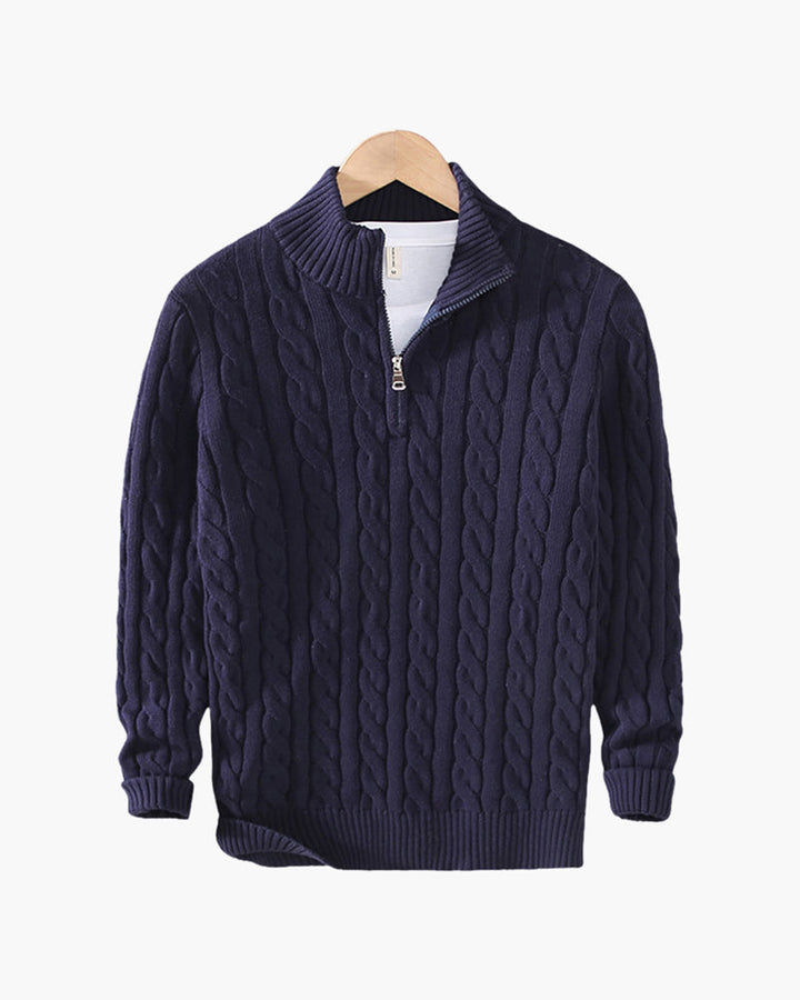 Men's Twisted Knit Sweater with High Collar and Half-Zip