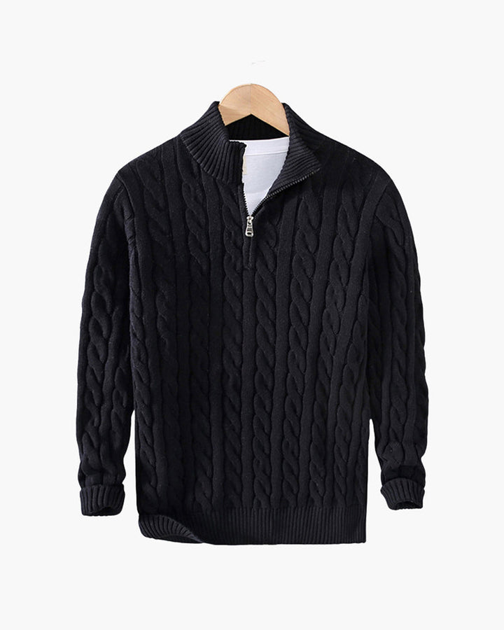 Men's Twisted Knit Sweater with High Collar and Half-Zip