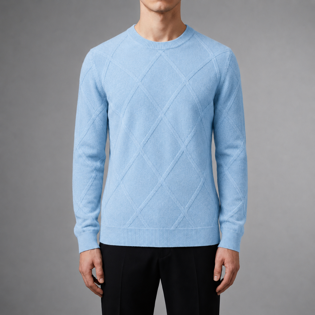 Men's Diamond Knit Sweater with Round Neck and Long Sleeves - Elena Harper