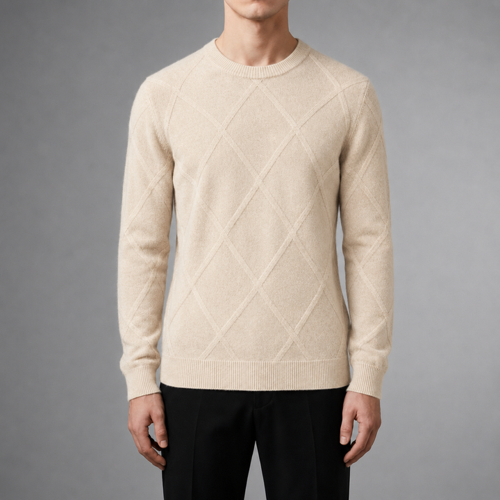 Men's Diamond Knit Sweater with Round Neck and Long Sleeves - Elena Harper