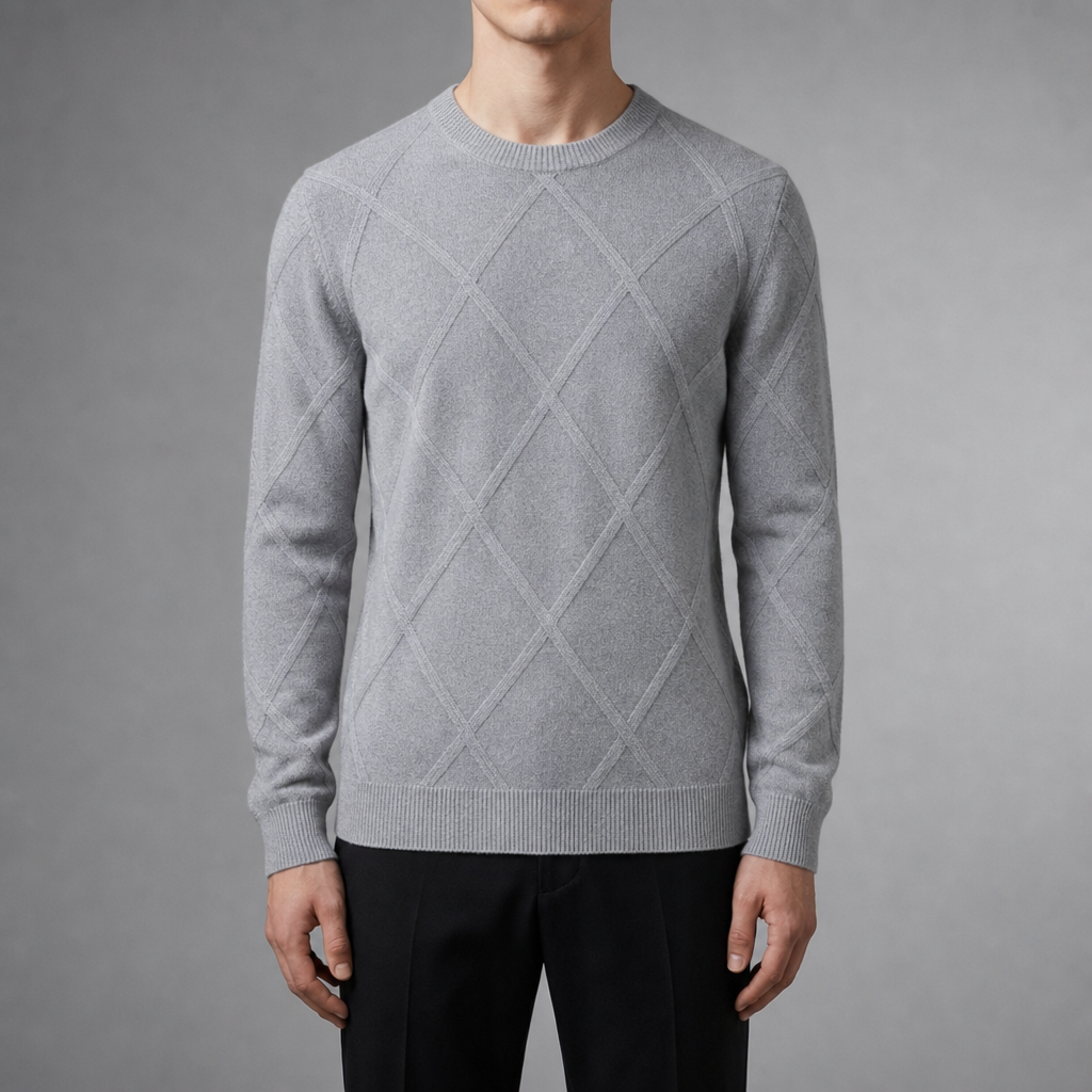 Men's Diamond Knit Sweater with Round Neck and Long Sleeves - Elena Harper