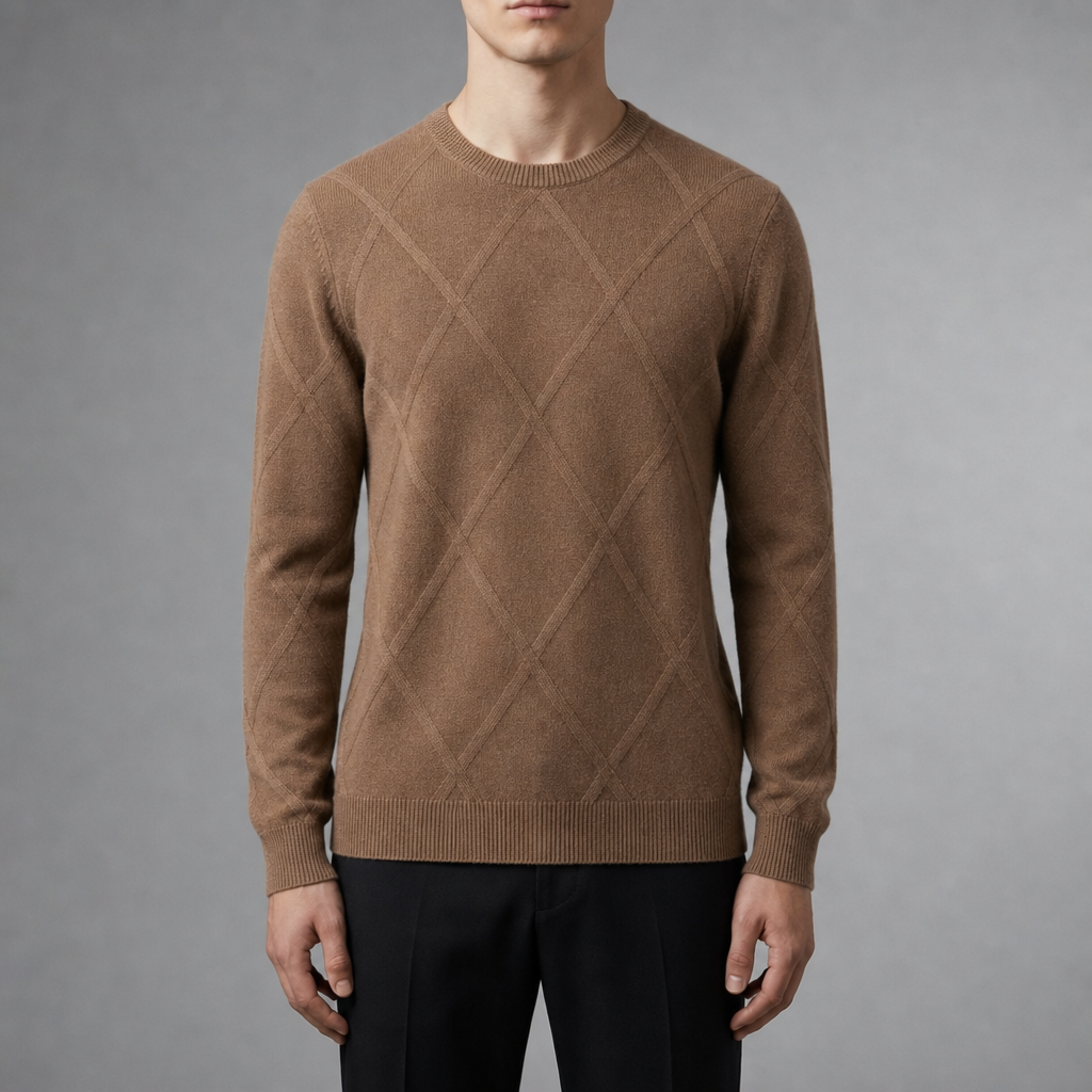 Men's Diamond Knit Sweater with Round Neck and Long Sleeves - Elena Harper