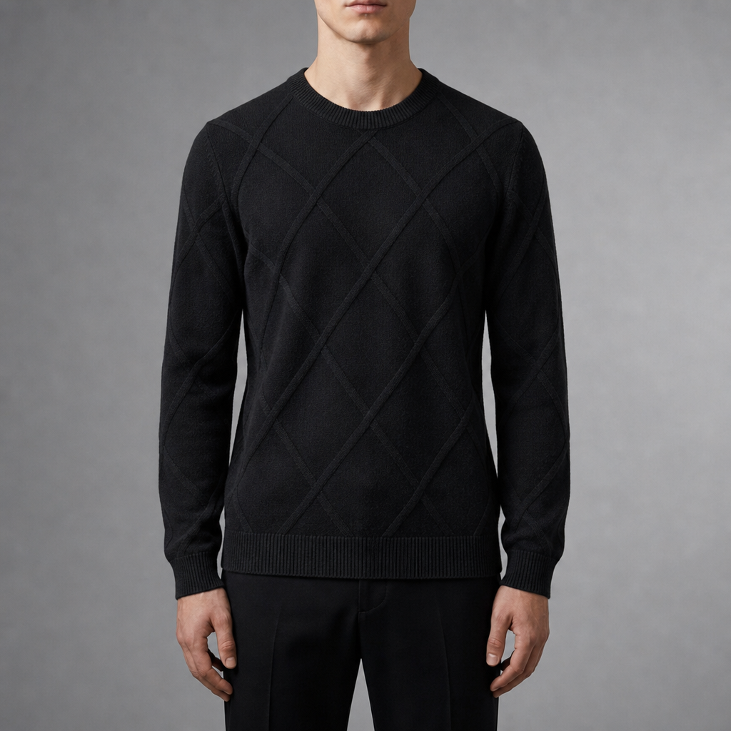 Men's Diamond Knit Sweater with Round Neck and Long Sleeves - Elena Harper