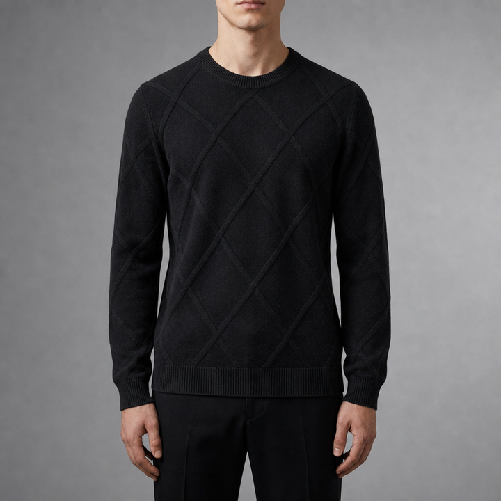 Men's Diamond Knit Sweater with Round Neck and Long Sleeves - Elena Harper