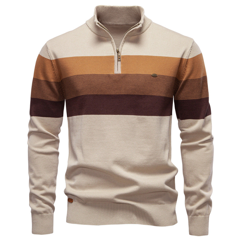Men's striped knit sweater with zip-up high collar