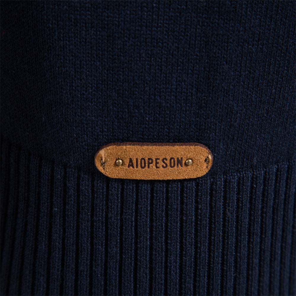 Men's striped knit sweater with zip-up high collar
