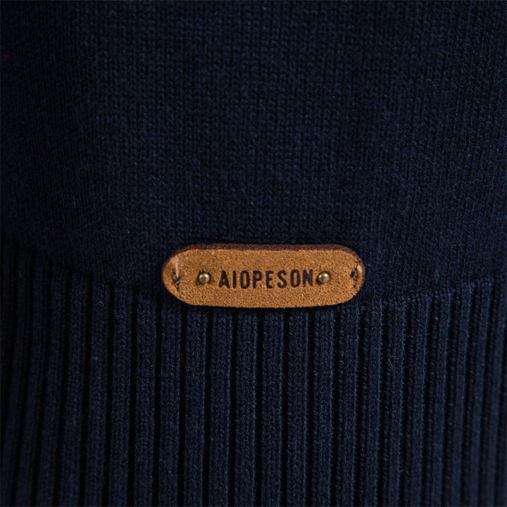 Men's striped knit sweater with zip-up high collar