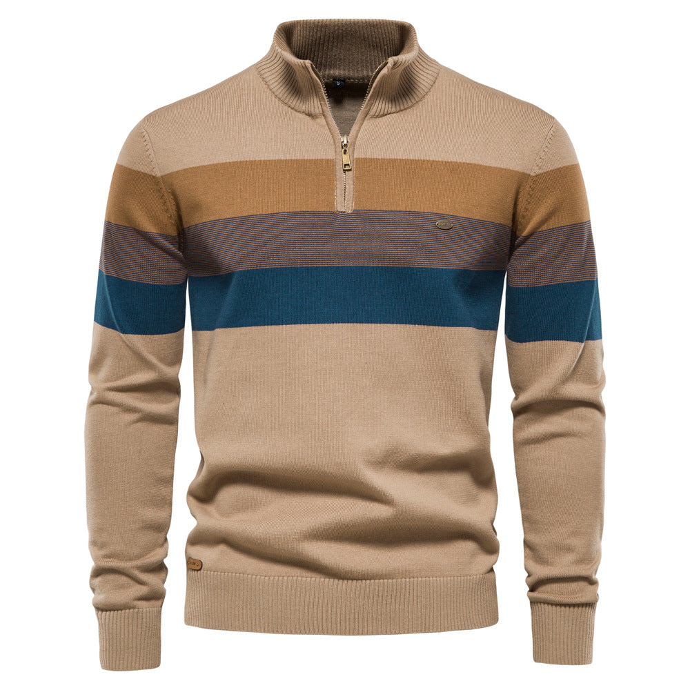 Men's striped knit sweater with zip-up high collar