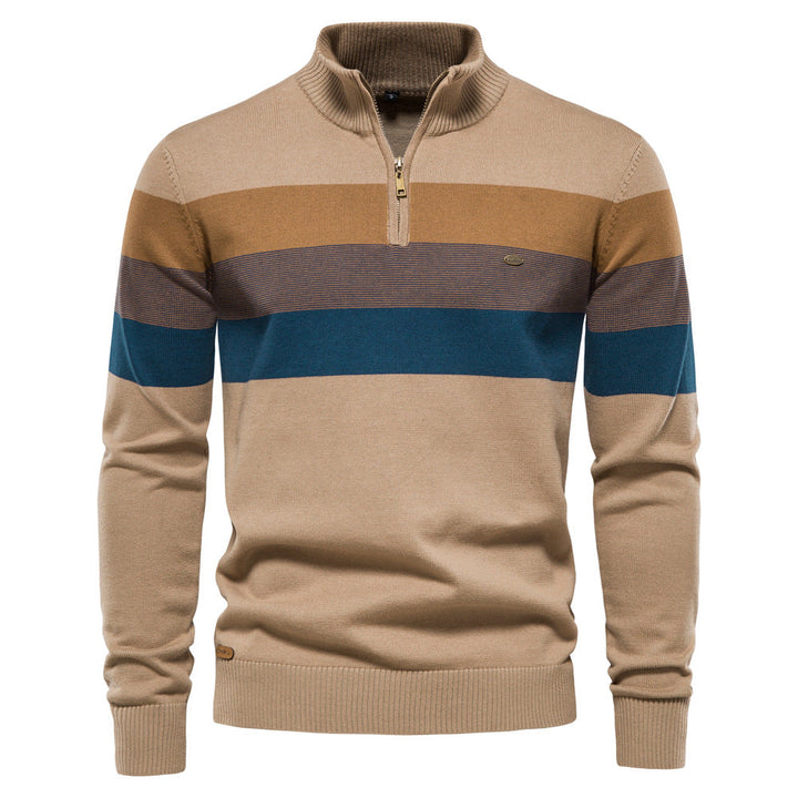 Men's striped knit sweater with zip-up high collar