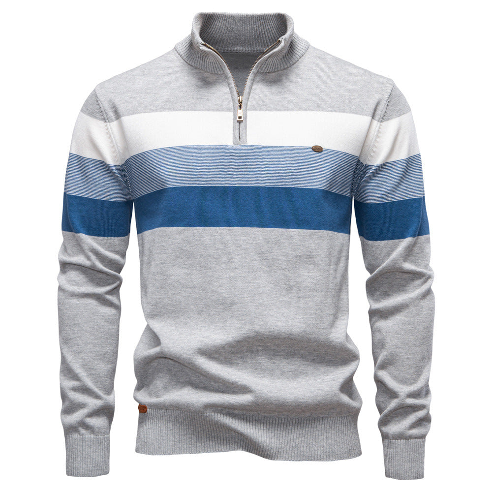 Men's striped knit sweater with zip-up high collar
