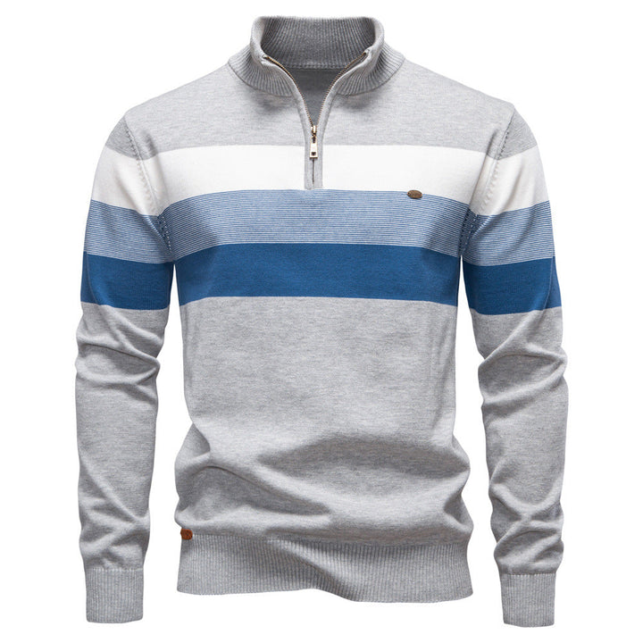 Men's striped knit sweater with zip-up high collar