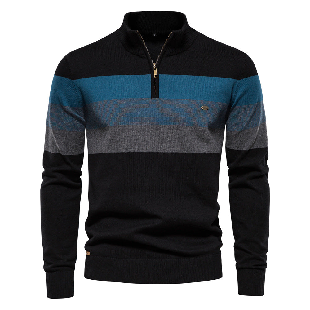 Men's striped knit sweater with zip-up high collar