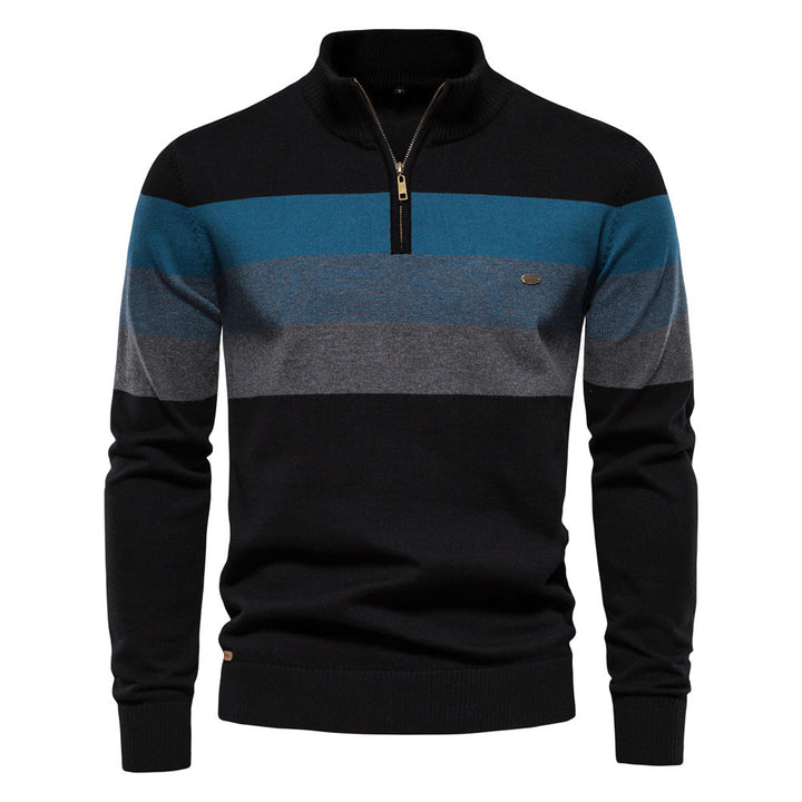 Men's striped knit sweater with zip-up high collar
