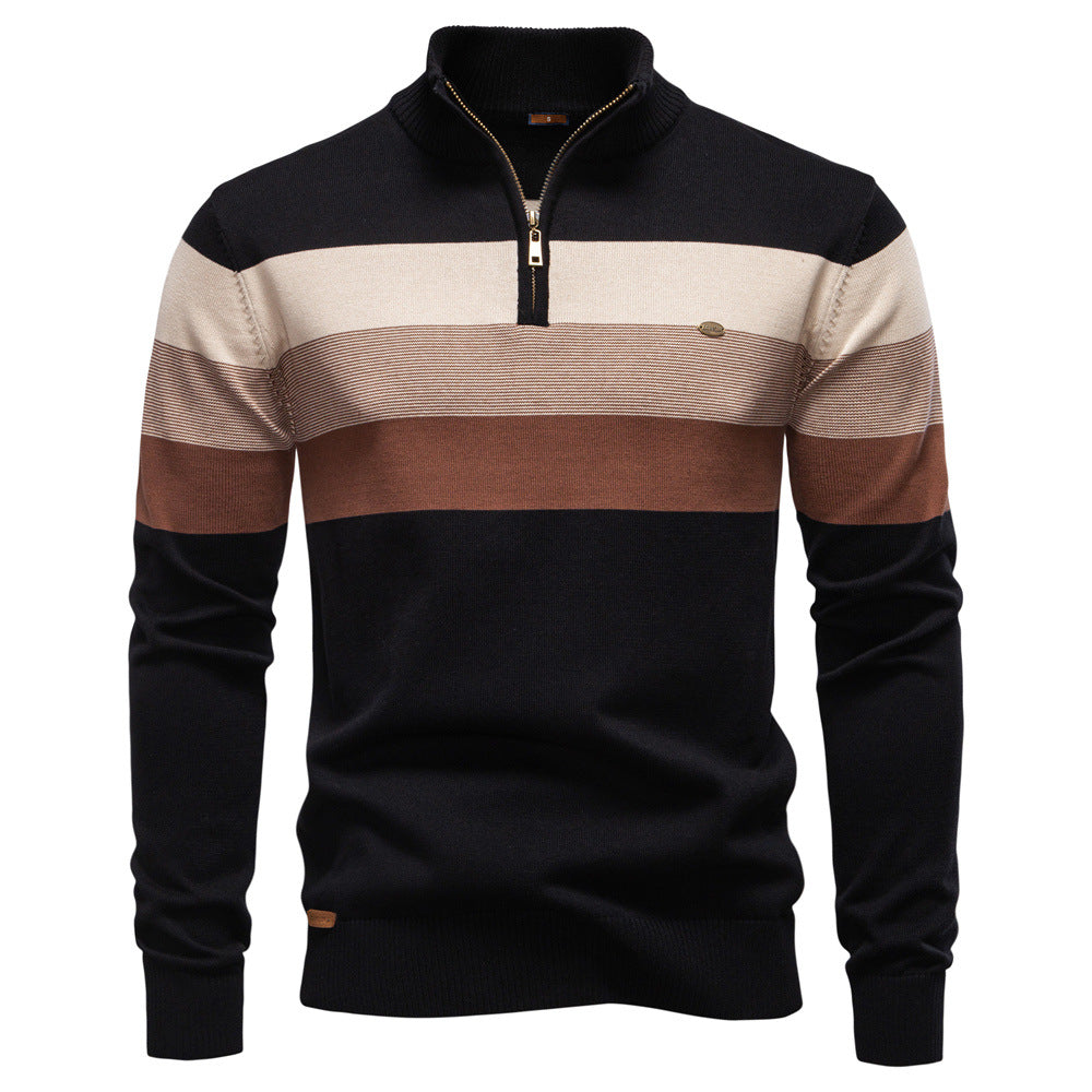 Men's striped knit sweater with zip-up high collar