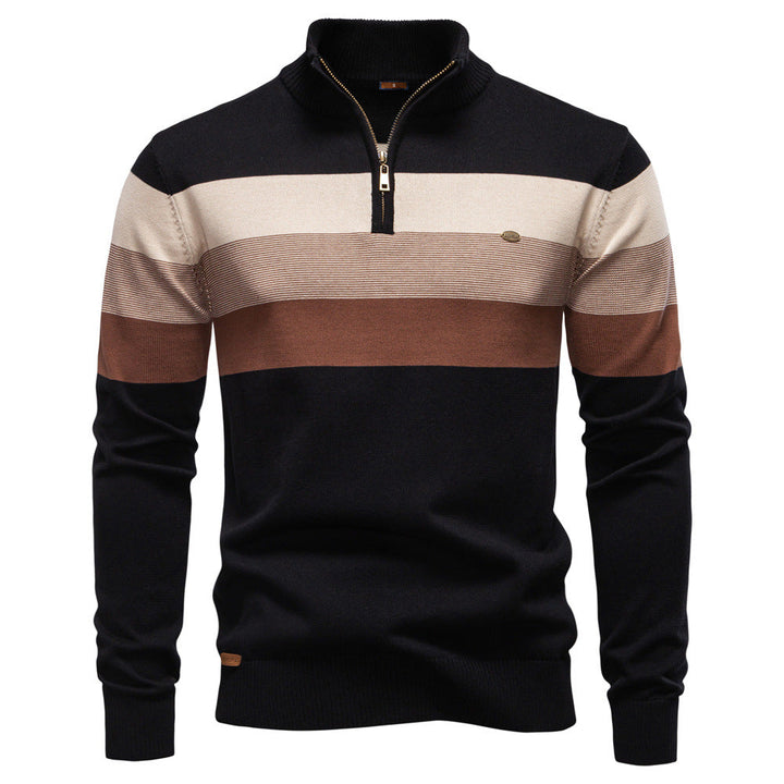 Men's striped knit sweater with zip-up high collar