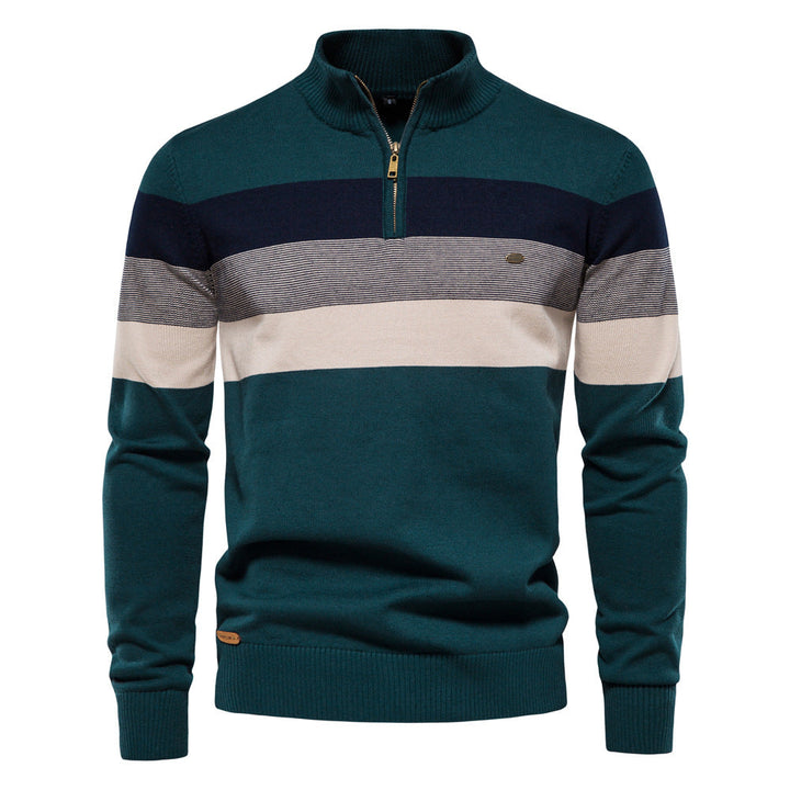 Men's striped knit sweater with zip-up high collar