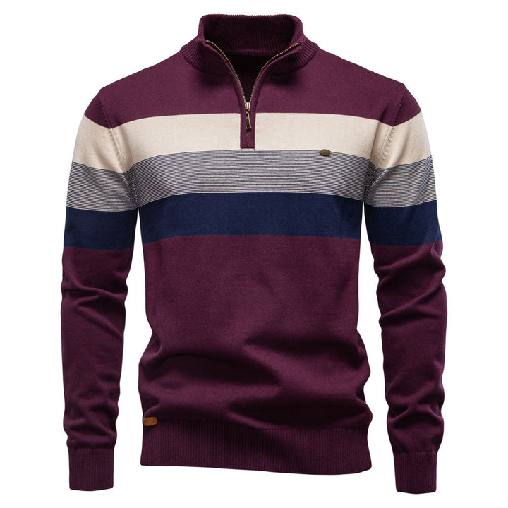 Men's striped knit sweater with zip-up high collar