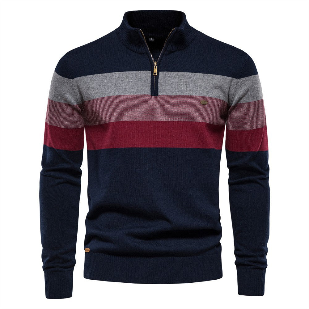 Men's striped knit sweater with zip-up high collar