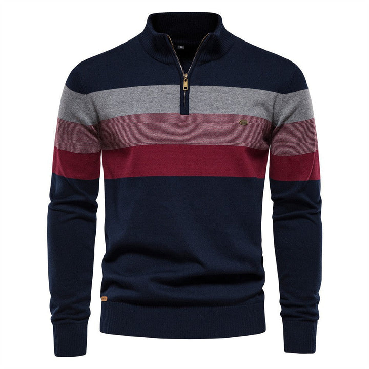 Men's striped knit sweater with zip-up high collar