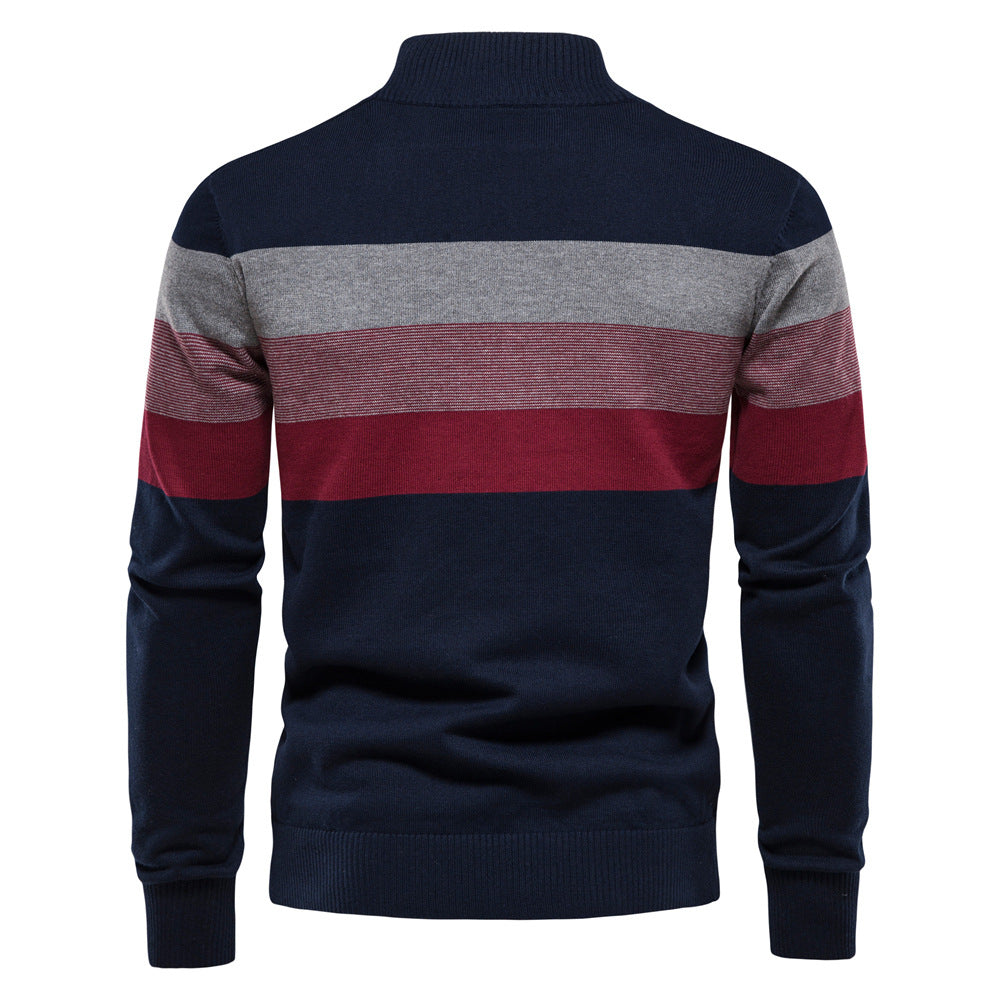 Men's striped knit sweater with zip-up high collar