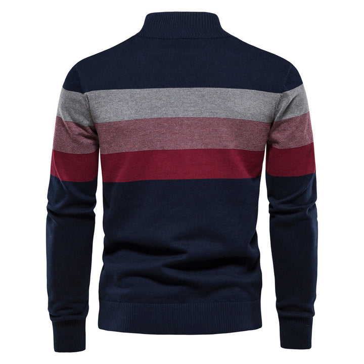 Men's striped knit sweater with zip-up high collar