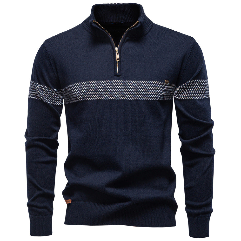 Men's Striped High Neck Sweater with Half Zip