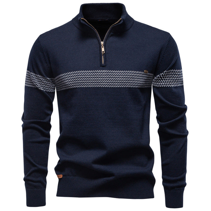 Men's Striped High Neck Sweater with Half Zip