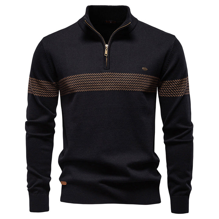 Men's Striped High Neck Sweater with Half Zip
