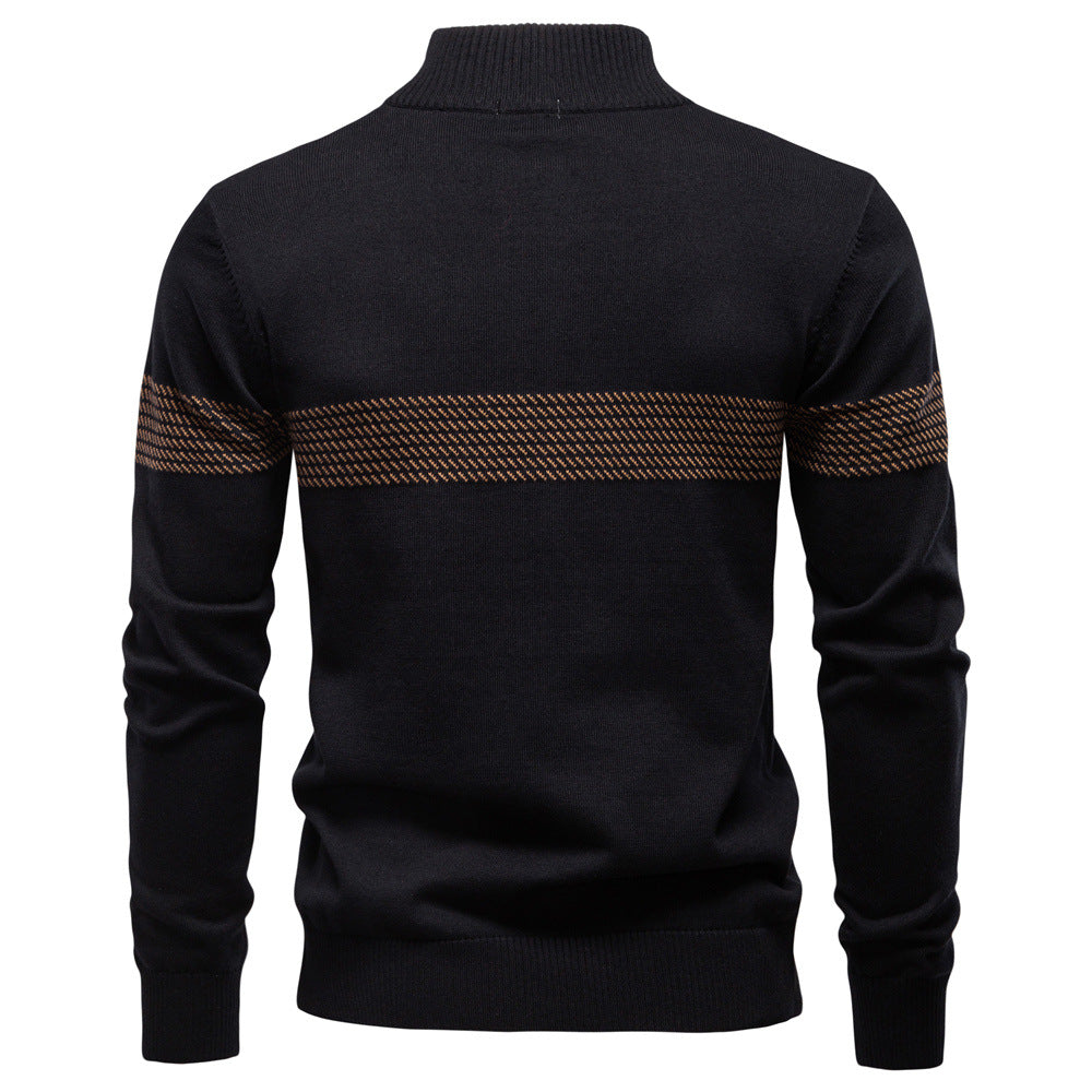 Men's Striped High Neck Sweater with Half Zip
