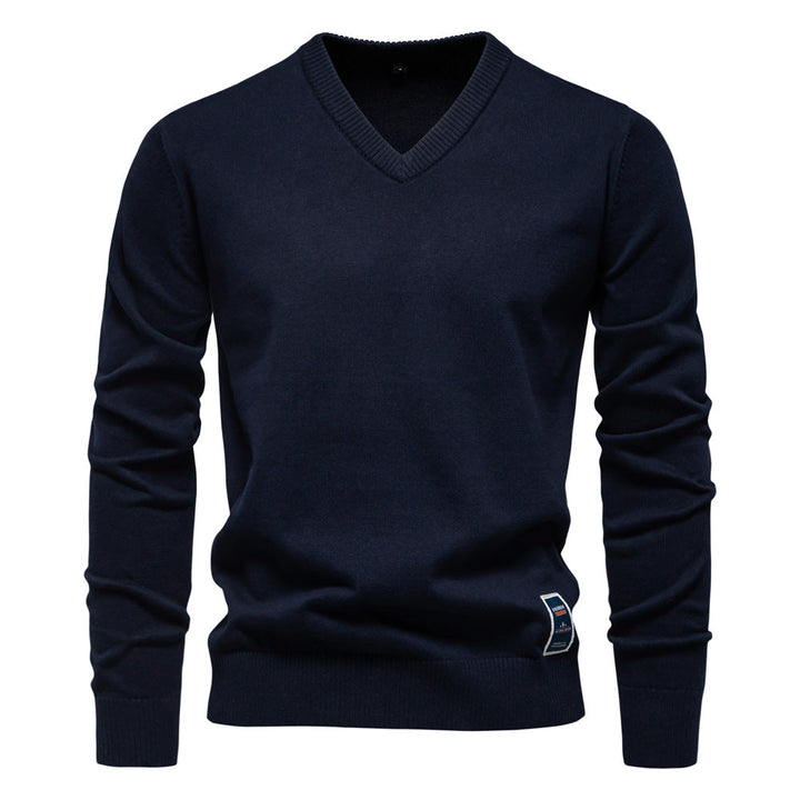 Men's Fine Knit V-Neck Sweater with Long Sleeves - Elena Harper