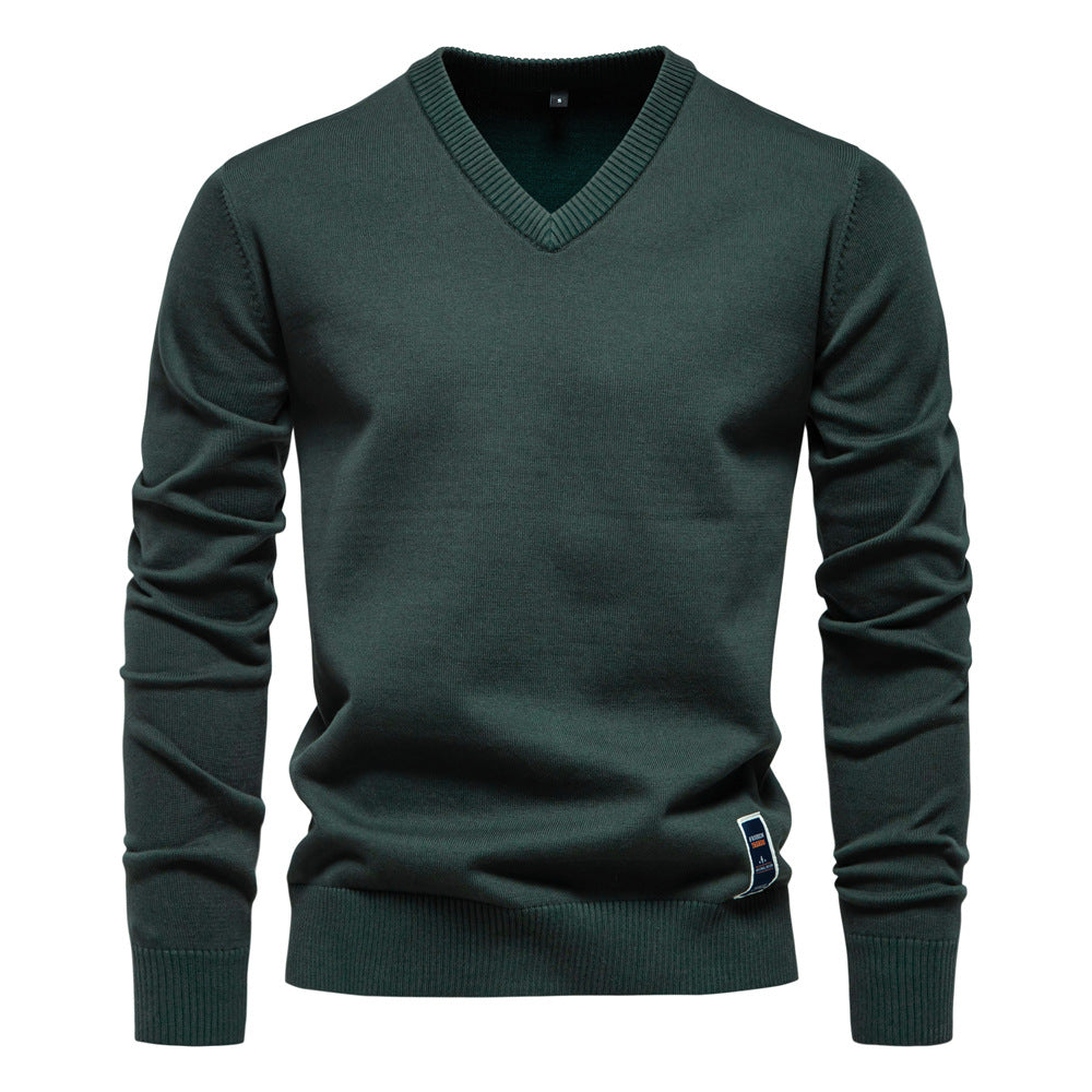 Men's Fine Knit V-Neck Sweater with Long Sleeves - Elena Harper