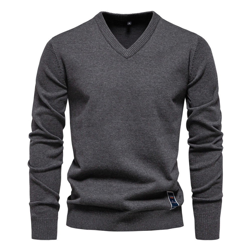 Men's Fine Knit V-Neck Sweater with Long Sleeves - Elena Harper