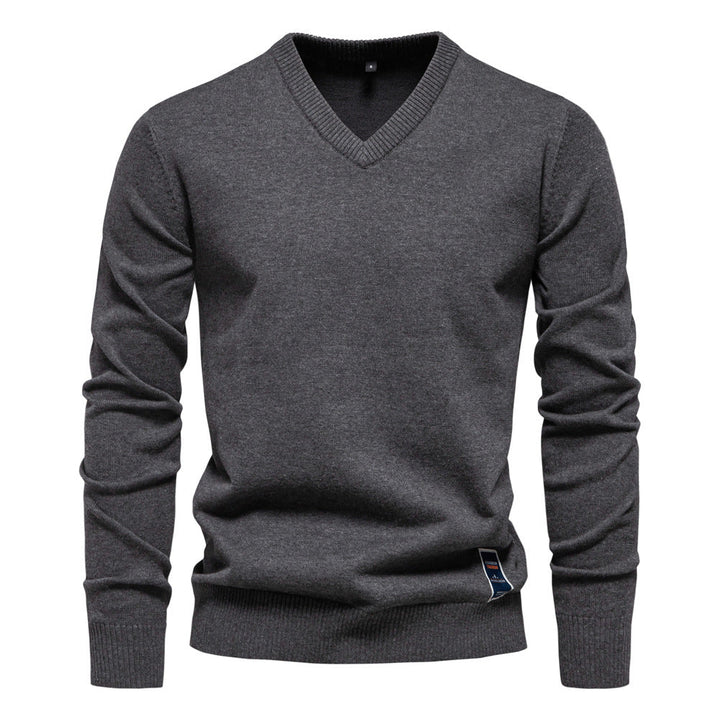 Men's Fine Knit V-Neck Sweater with Long Sleeves - Elena Harper