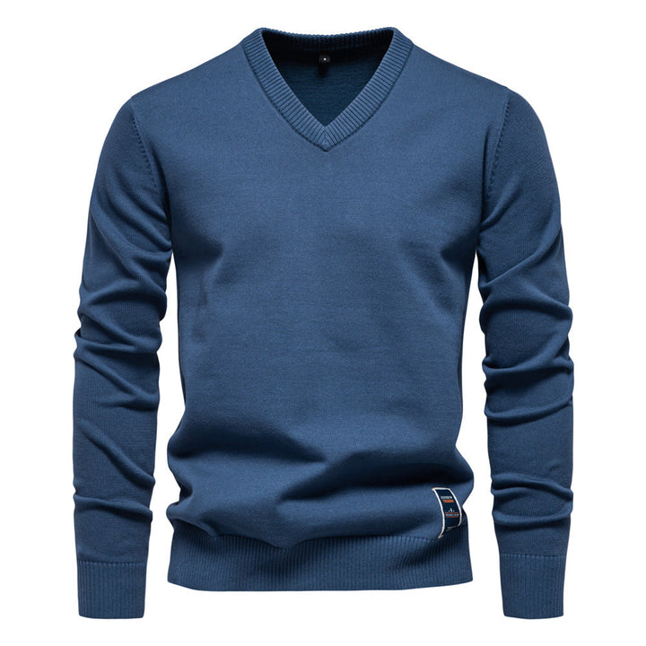 Men's Fine Knit V-Neck Sweater with Long Sleeves - Elena Harper