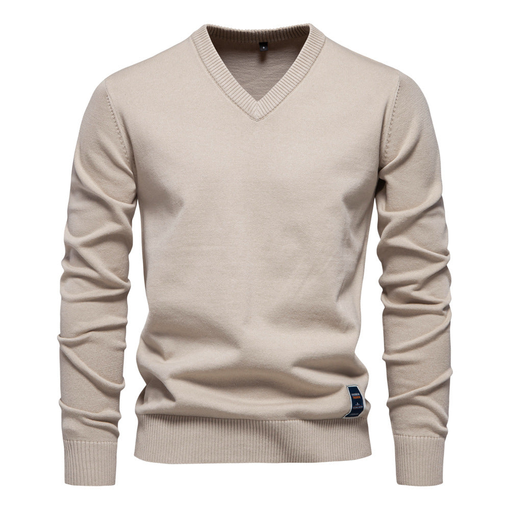 Men's Fine Knit V-Neck Sweater with Long Sleeves - Elena Harper