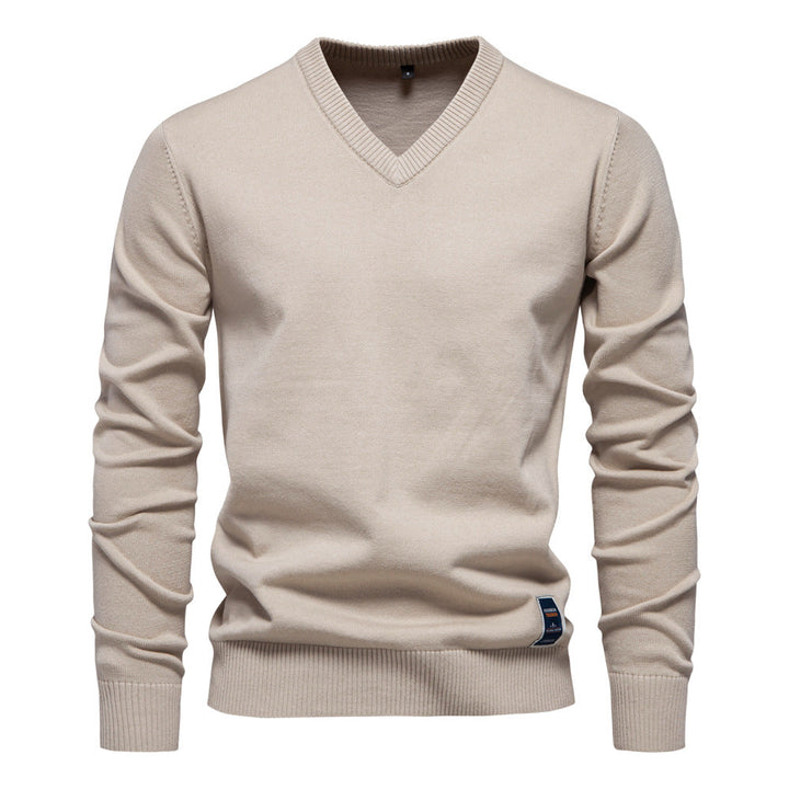 Men's Fine Knit V-Neck Sweater with Long Sleeves - Elena Harper
